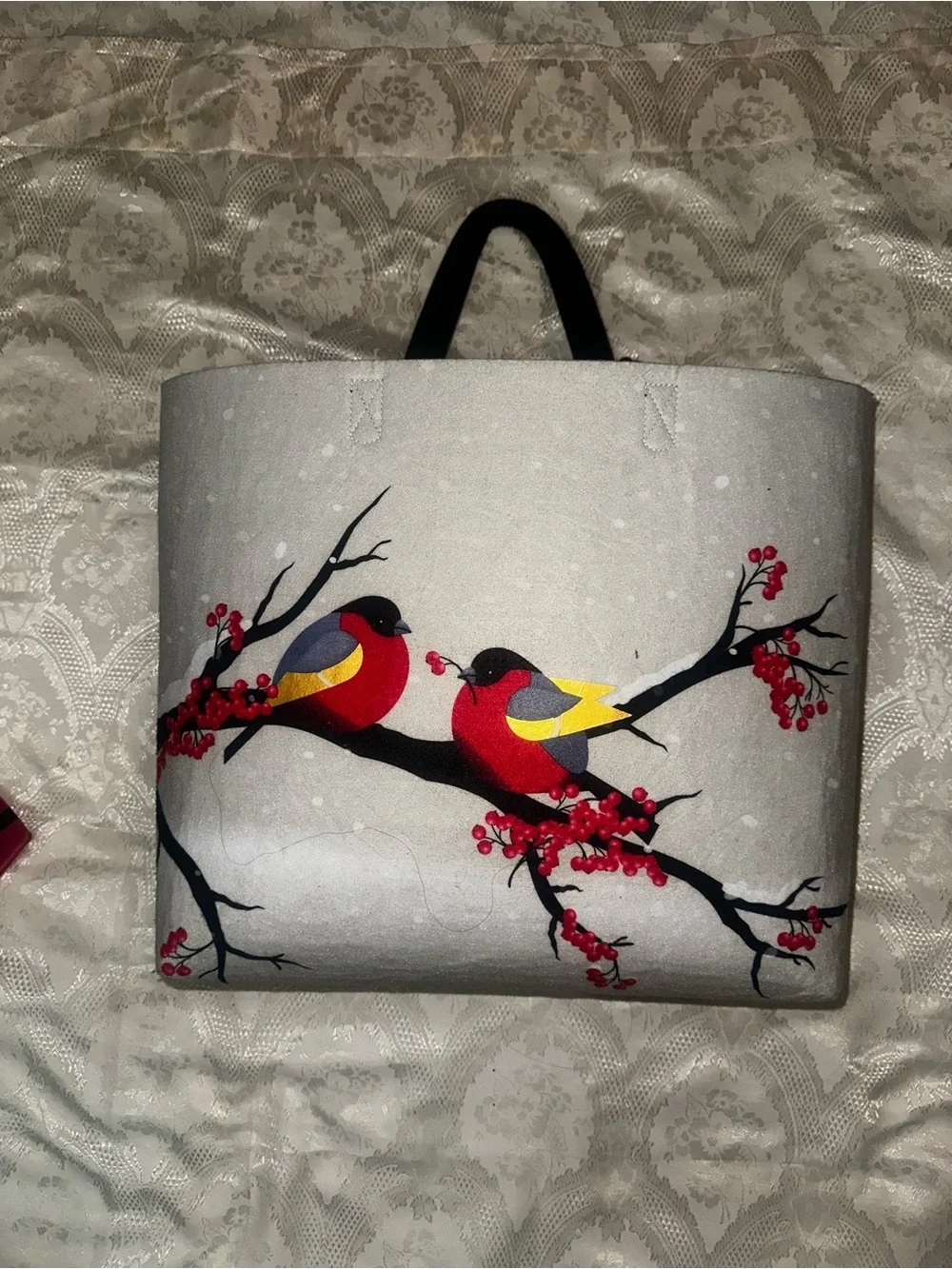 Bird Branch Canvas Tote Bag in Gray and Red - Decorative Home Accent